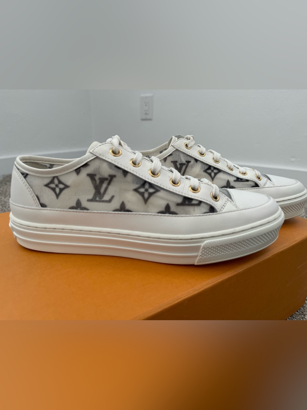 Louis Vuitton White and Gray Monogram Platform Sneaker